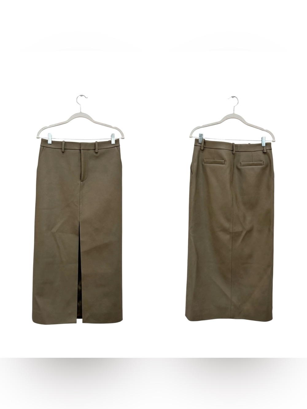 NWT The Frankie Shop Maybelle Faux Leather Maxi Skirt with Front Slit in Olive - Picture 11 of 16